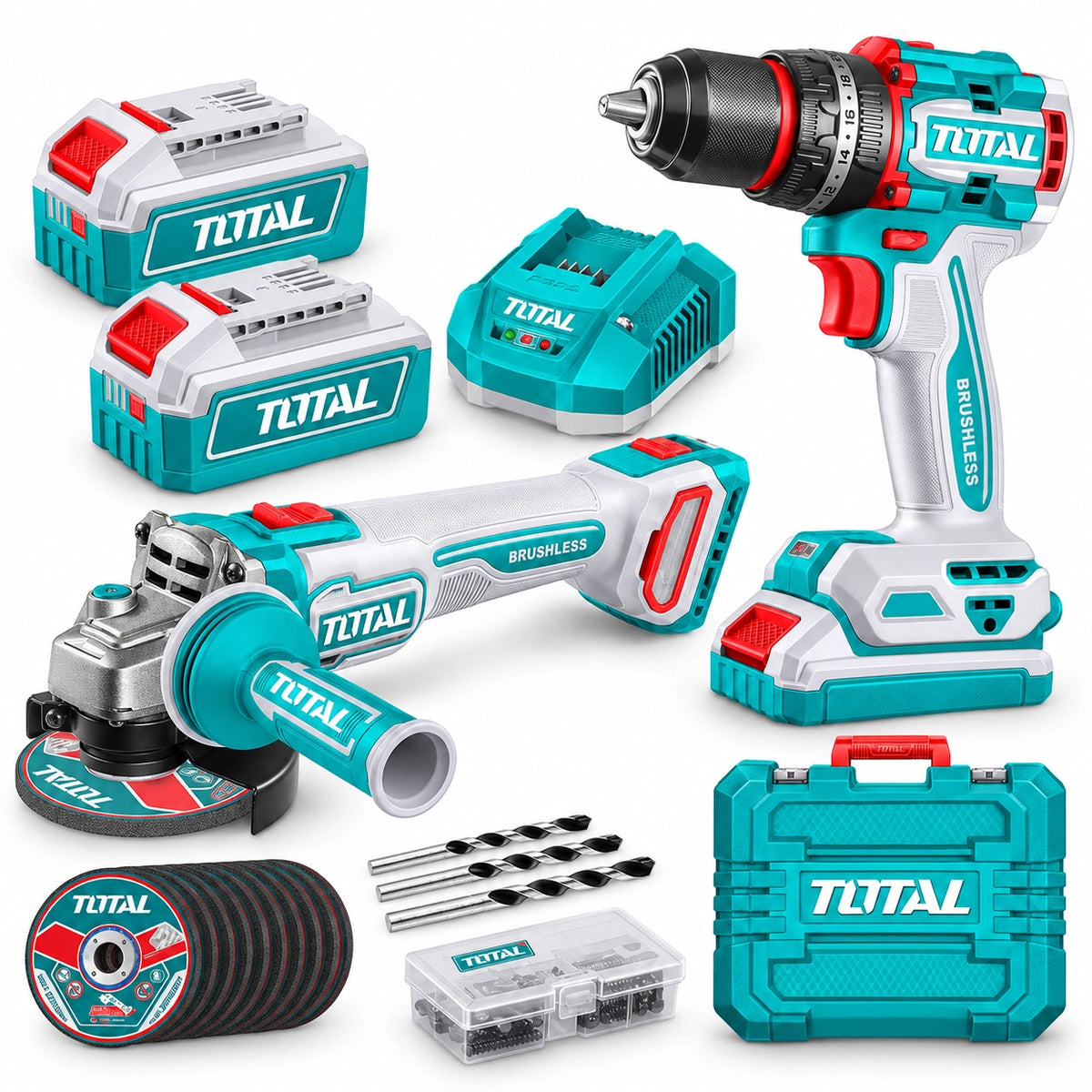 TOTAL TCKLI20256 Cordless Combo Kit - 4 توتال تولز طقم كومبو بطاريه 20 فولت ( شنيور دقاق 66 نيوتن و صاروخ 4.5 بوصه ) + 2 بطاريه 4 امبير و شاحن - TCKLI20256
