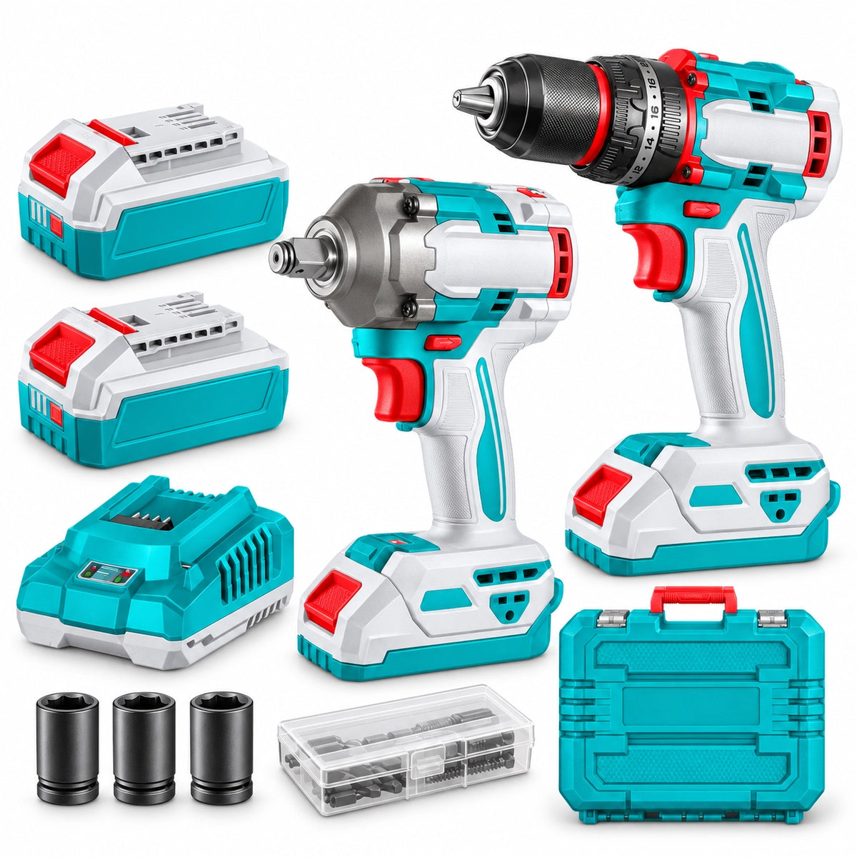 TOTAL TCKLI20286 Cordless Combo Kit - 4 كومبو شنيور 66 نيوتن دقاق + دريل 405 نيوتن + 2 بطاريه و شاحن توتال TCKLI20286